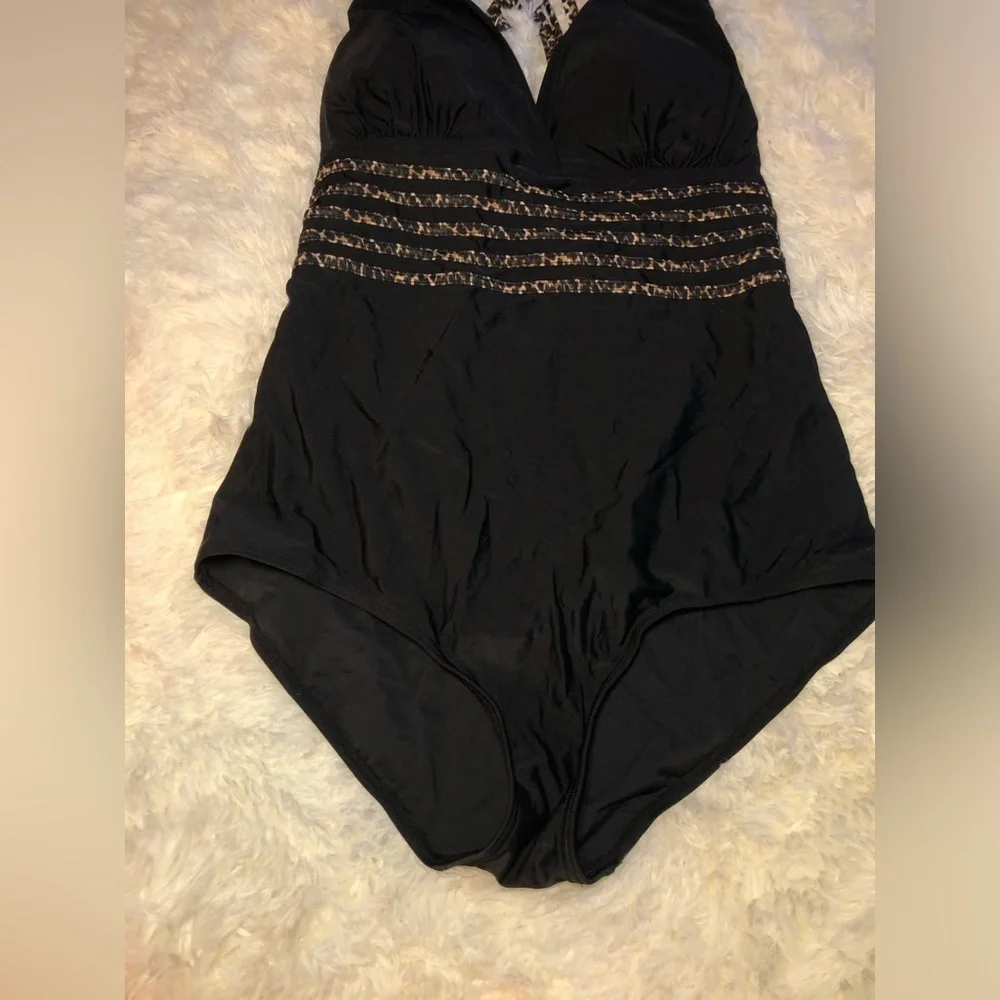 Black One-Piece Swimsuit with Patterned Straps